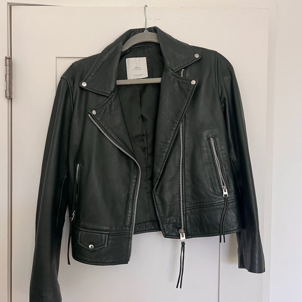 Mango green leather biker jacket